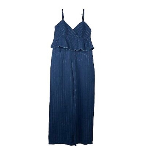 ETT TWA By Anthropologie Sleeveless Peplum Ruffle Stripe Denim Romper/Jumpsuit - Picture 9 of 9